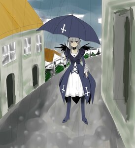 Rating: Safe Score: 0 Tags: 1girl black_umbrella boots dress holding_umbrella image long_sleeves looking_at_viewer parasol pink_eyes rain reflection silver_hair smile solo standing suigintou umbrella wings User: admin