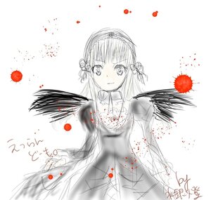 Rating: Safe Score: 0 Tags: 1girl akemi_homura black_wings blood blood_splatter choker dress feathered_wings flower hairband image long_hair looking_at_viewer monochrome rose simple_background solo suigintou white_background wings User: admin