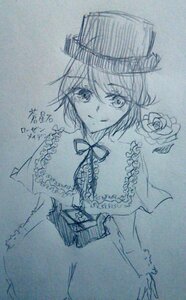 Rating: Safe Score: 0 Tags: 1girl artist_name capelet dated eyebrows_visible_through_hair flower frills hat image long_sleeves looking_at_viewer monochrome ribbon rose short_hair smile solo souseiseki traditional_media User: admin