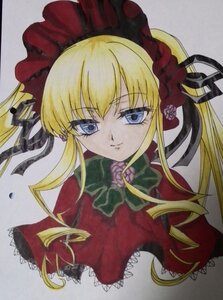 Rating: Safe Score: 0 Tags: 1girl blonde_hair blue_eyes bonnet bow bowtie dress green_bow green_neckwear image long_hair long_sleeves looking_at_viewer marker_(medium) photo red_dress shinku sidelocks simple_background solo traditional_media twintails User: admin