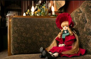 Rating: Safe Score: 0 Tags: 1girl blonde_hair blue_eyes doll dress flower long_hair red_dress shinku sitting solo stuffed_animal umbrella very_long_hair User: admin