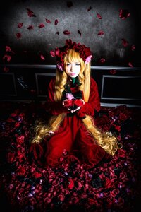 Rating: Safe Score: 0 Tags: 1girl blonde_hair blue_eyes dress drill_hair flower long_hair petals red_dress rose rose_petals shinku sitting solo very_long_hair User: admin