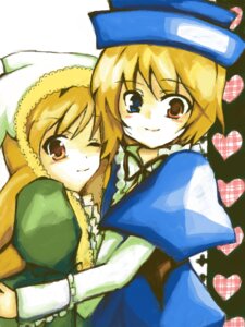 Rating: Safe Score: 0 Tags: 2girls blonde_hair blue_dress blue_eyes blush brown_eyes dress green_dress hat heart image long_sleeves looking_at_viewer multiple_girls one_eye_closed pair short_hair siblings sisters smile souseiseki suiseiseki twins User: admin