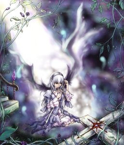 Rating: Safe Score: 0 Tags: 1girl dress flower frills hairband image long_hair long_sleeves plant silver_hair sitting solo suigintou vines wings User: admin