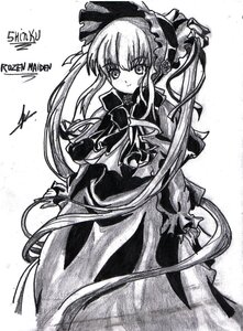 Rating: Safe Score: 0 Tags: 1girl bonnet bow dress frills greyscale image long_hair long_sleeves looking_at_viewer monochrome shinku smile solo traditional_media twintails very_long_hair User: admin