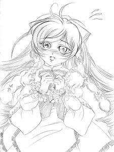 Rating: Safe Score: 0 Tags: 1girl apron blush bow dress frills greyscale image long_hair long_sleeves looking_at_viewer monochrome puffy_sleeves ribbon simple_background solo suiseiseki white_background User: admin