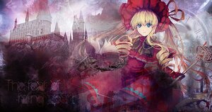 Rating: Safe Score: 0 Tags: 1girl blonde_hair blue_eyes bonnet bow bowtie dress drill_hair flower frills image long_hair long_sleeves red_dress shinku solo twintails User: admin