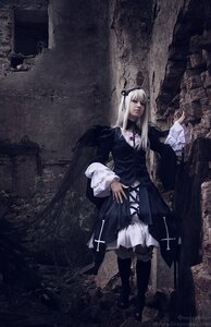 Rating: Safe Score: 0 Tags: 1girl black_dress dress frills gothic_lolita hairband lolita_fashion long_hair long_sleeves solo standing suigintou white_hair wide_sleeves User: admin