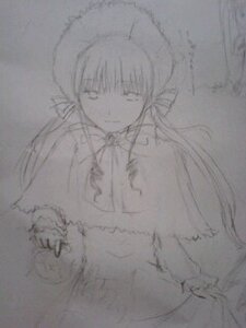 Rating: Safe Score: 0 Tags: 1girl image long_hair long_sleeves monochrome shinku sketch smile solo User: admin