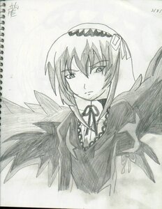 Rating: Safe Score: 0 Tags: 1girl black_wings closed_mouth dress frills graphite_(medium) greyscale image long_sleeves looking_at_viewer monochrome photo ribbon signature simple_background solo suigintou traditional_media upper_body white_background wings User: admin