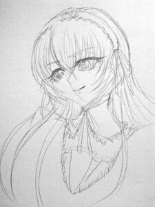 Rating: Safe Score: 0 Tags: 1girl choker graphite_(medium) greyscale hairband image long_hair looking_at_viewer monochrome ribbon simple_background sketch smile solo suigintou traditional_media upper_body white_background User: admin