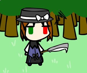 Rating: Safe Score: 0 Tags: 1boy bow brown_hair chibi green_background green_eyes hat heterochromia holding image jitome pants red_eyes simple_background solo souseiseki standing top_hat umbrella User: admin