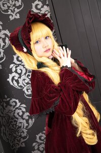 Rating: Safe Score: 0 Tags: 1girl blonde_hair blue_eyes bonnet dress flower hands_together lace lips lolita_fashion long_hair looking_at_viewer red_dress rose shinku solo User: admin
