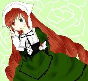 Rating: Safe Score: 0 Tags: 1girl brown_hair dress drill_hair frills green_background green_dress green_eyes hat head_scarf heterochromia image long_hair long_sleeves looking_at_viewer open_mouth red_eyes solo suiseiseki twin_drills twintails very_long_hair User: admin