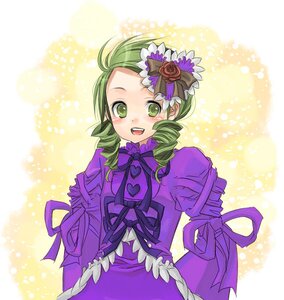 Rating: Safe Score: 0 Tags: 1girl dress drill_hair flower frills green_eyes green_hair hair_ornament image kanaria open_mouth ribbon rose smile solo twin_drills yellow_background User: admin