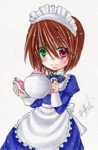 Rating: Safe Score: 0 Tags: 1girl apron blue_bow blue_dress blush bow bowtie brown_hair dress frills green_eyes heterochromia holding image long_sleeves looking_at_viewer maid red_eyes short_hair simple_background solo souseiseki yumeki_kokoro User: admin