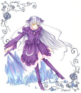 Rating: Safe Score: 0 Tags: 1girl auto_tagged barasuishou black_legwear crystal dress full_body holding image layered_sleeves long_hair long_sleeves purple_dress ribbon silver_hair simple_background solo standing thighhighs very_long_hair white_background yellow_eyes User: admin
