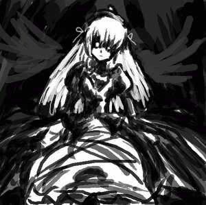 Rating: Safe Score: 0 Tags: 1girl black_wings dress feathered_wings frills greyscale hairband image long_hair long_sleeves looking_at_viewer monochrome rose shinku simple_background sitting solo suigintou very_long_hair wings User: admin