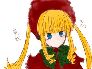 Rating: Safe Score: 0 Tags: 1girl bangs blonde_hair blue_eyes blush bonnet bow bowtie dress flower green_bow image long_hair long_sleeves looking_at_viewer red_dress shinku sidelocks simple_background solo twintails upper_body white_background User: admin