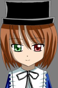 Rating: Safe Score: 0 Tags: 1girl black_headwear blue_dress brown_hair closed_mouth eyebrows_visible_through_hair green_eyes hat heterochromia image looking_at_viewer neck_ribbon red_eyes ribbon short_hair simple_background smile solo souseiseki upper_body white_background User: admin