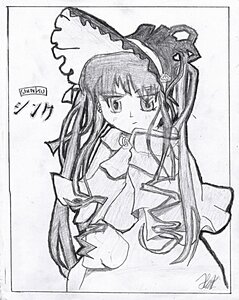 Rating: Safe Score: 0 Tags: 1girl blush border dress graphite_(medium) greyscale hairband image long_hair long_sleeves looking_at_viewer monochrome photo shikishi shinku signature simple_background solo traditional_media white_background User: admin