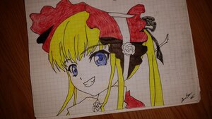 Rating: Safe Score: 0 Tags: 1girl blonde_hair blue_eyes bonnet bow flower grin image looking_at_viewer photo red_rose rose shinku smile solo traditional_media User: admin