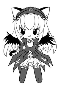 Rating: Safe Score: 0 Tags: 1girl animal_ears cat_ears chibi closed_mouth dress eyebrows_visible_through_hair frilled_hairband greyscale hairband image long_hair monochrome simple_background smile solo standing suigintou thighhighs virtual_youtuber white_background wings User: admin