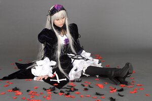 Rating: Safe Score: 0 Tags: 1girl black_dress dress flower frills hairband long_hair long_sleeves petals silver_hair sitting solo suigintou very_long_hair User: admin