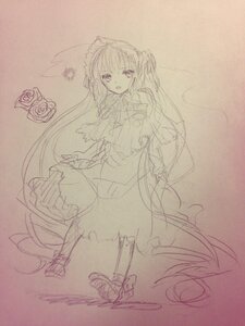Rating: Safe Score: 0 Tags: 1girl blush dress flower full_body hairband image long_hair long_sleeves looking_at_viewer monochrome open_mouth rose shinku sketch solo traditional_media twintails very_long_hair User: admin