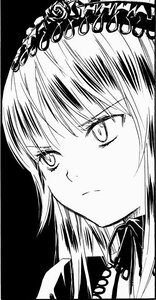 Rating: Safe Score: 0 Tags: 1girl bangs closed_mouth eyebrows_visible_through_hair greyscale image long_hair looking_at_viewer monochrome simple_background solo suigintou User: admin