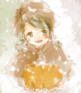 Rating: Safe Score: 0 Tags: 1girl :d apron blush dress green_eyes hat head_scarf holding image kanaria long_sleeves looking_at_viewer open_mouth sketch smile snowing solo suiseiseki upper_body User: admin