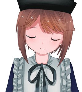 Rating: Safe Score: 0 Tags: 1girl apron bangs black_headwear blush brown_hair closed_eyes closed_mouth dress eyebrows_visible_through_hair facing_viewer frills hat image ribbon short_hair simple_background solo souseiseki striped upper_body white_apron white_background User: admin