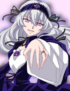 Rating: Safe Score: 3 Tags: 1girl black_ribbon dress flower hairband image long_hair looking_at_viewer open_mouth purple_eyes purple_flower purple_rose ribbon rose silver_hair smile solo suigintou User: admin