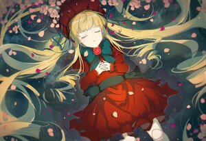 Rating: Safe Score: 0 Tags: 1girl bangs blonde_hair bonnet closed_eyes dress flower hands_clasped hands_together image interlocked_fingers long_hair long_sleeves lying on_back own_hands_together petals red_dress rose rose_petals shinku solo very_long_hair User: admin