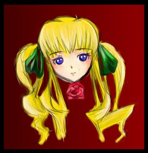 Rating: Safe Score: 0 Tags: 1girl bangs blonde_hair blue_eyes bow bowtie face green_bow image letterboxed long_hair looking_at_viewer portrait red_background shinku simple_background solo User: admin