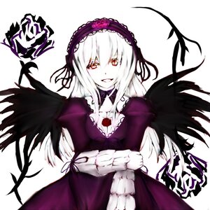 Rating: Safe Score: 0 Tags: 1girl black_wings dress flower frills hairband image long_hair long_sleeves looking_at_viewer red_eyes rose silver_hair smile solo suigintou white_background wings User: admin