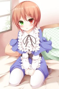 Rating: Safe Score: 0 Tags: 1boy 1girl aibumi bad_id bad_pixiv_id blush brown_hair capelet dress frills green_eyes hand_between_legs heterochromia highres image looking_at_viewer no_hat no_headwear on_bed pantyhose pillow purple_shorts red_eyes ribbon rozen_maiden short_hair shorts sitting solo souseiseki v_arms wariza white_legwear window User: admin
