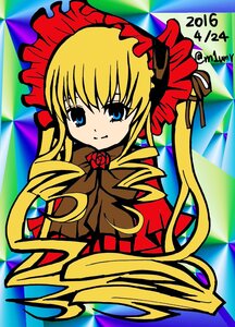 Rating: Safe Score: 0 Tags: 1girl blonde_hair blue_eyes bonnet bow bowtie checkered checkered_background checkered_floor flower image long_hair long_sleeves looking_at_viewer parody pink_rose rose shinku solo User: admin