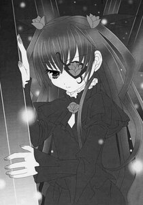 Rating: Safe Score: 0 Tags: 1girl barasuishou blush bow dress eyepatch greyscale image long_hair long_sleeves monochrome ribbon solo two_side_up User: admin