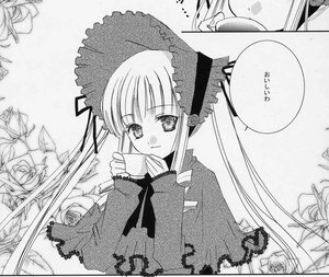 Rating: Safe Score: 0 Tags: 1girl bonnet cup dress flower frills greyscale image long_hair long_sleeves looking_at_viewer monochrome multiple_girls rose shinku smile solo tea teacup twintails umbrella User: admin