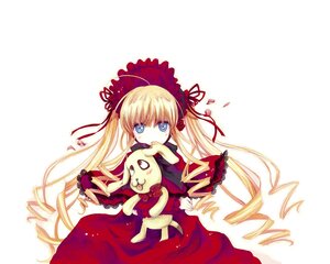 Rating: Safe Score: 0 Tags: 1girl blonde_hair blue_eyes bow dress drill_hair holding image long_hair red_dress shinku solo stuffed_animal twintails very_long_hair User: admin