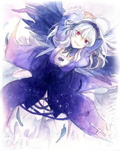 Rating: Safe Score: 0 Tags: 1girl black_wings dress feathered_wings feathers flower frills grin hairband image long_hair long_sleeves looking_at_viewer red_eyes ribbon smile solo suigintou traditional_media wings User: admin