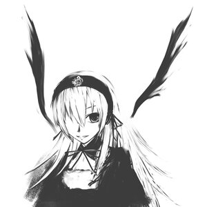 Rating: Safe Score: 0 Tags: 1girl auto_tagged black_wings dress feathered_wings feathers greyscale hair_over_one_eye hairband image long_hair long_sleeves looking_at_viewer monochrome ribbon simple_background smile solo suigintou upper_body white_background wings User: admin