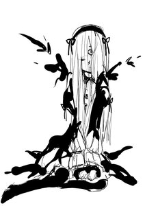 Rating: Safe Score: 0 Tags: 1girl greyscale hair_over_eyes hair_over_one_eye hairband image long_hair monochrome simple_background sitting solo striped suigintou white_background User: admin