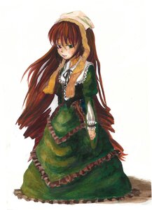 Rating: Safe Score: 0 Tags: 1girl brown_hair dress frills green_dress head_scarf image long_hair long_sleeves simple_background solo suiseiseki very_long_hair white_background User: admin