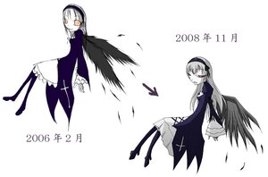 Rating: Safe Score: 0 Tags: 1girl black_wings dress feathers frilled_sleeves hairband image long_hair long_sleeves looking_at_viewer multiple_views red_eyes simple_background solo suigintou white_background wings User: admin
