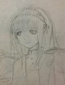 Rating: Safe Score: 0 Tags: 1girl closed_mouth greyscale hair_ribbon hairband image looking_at_viewer monochrome ribbon simple_background sketch smile solo suigintou traditional_media upper_body white_background User: admin