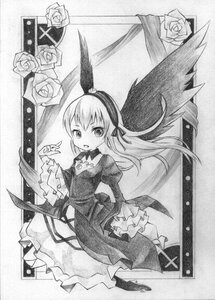 Rating: Safe Score: 0 Tags: 1girl dress flower frills greyscale hairband image long_hair long_sleeves monochrome photo rose shikishi solo suigintou thorns traditional_media white_rose wings User: admin