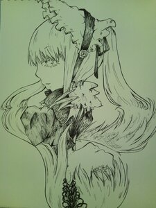 Rating: Safe Score: 0 Tags: 1girl closed_mouth eyebrows_visible_through_hair flower frills from_side green_background hairband image long_hair looking_afar monochrome profile shinku solo suigintou traditional_media upper_body User: admin
