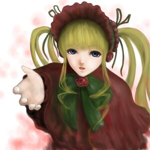 Rating: Safe Score: 0 Tags: 1girl bangs blonde_hair blue_eyes bonnet cup dress flower green_bow image long_hair long_sleeves looking_at_viewer red_flower red_rose rose shinku solo twintails upper_body User: admin